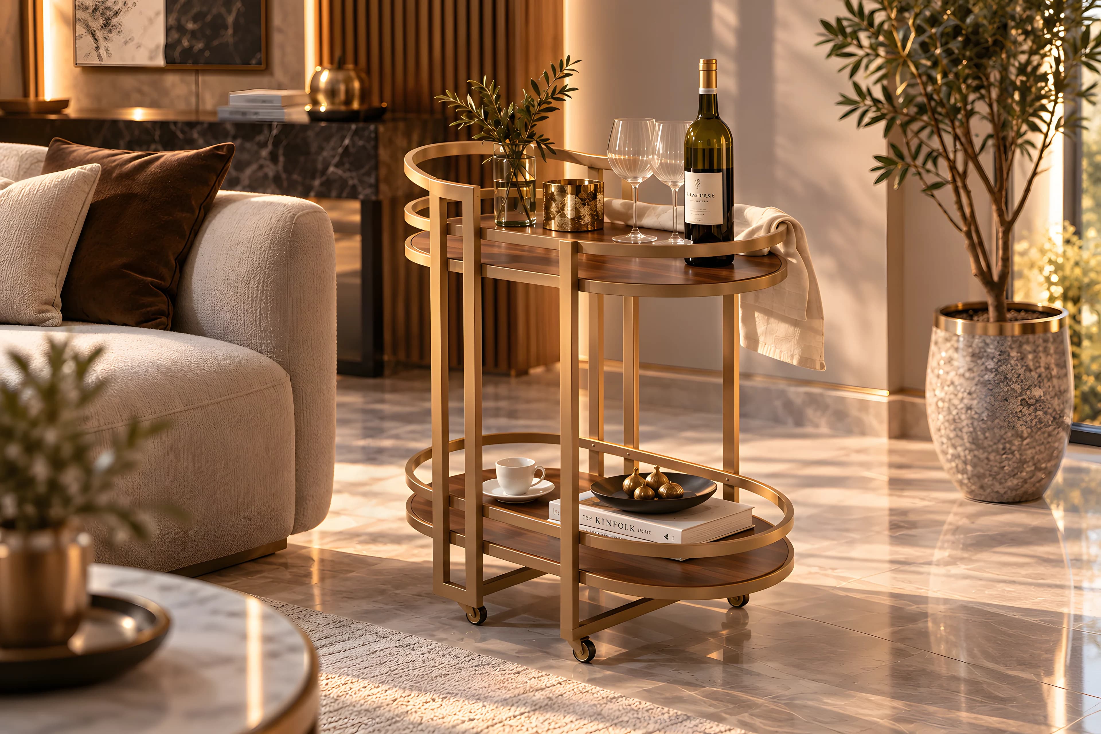 Oval brass and walnut bar cart with wine and glasses beside a cream sofa in a sunlit living room