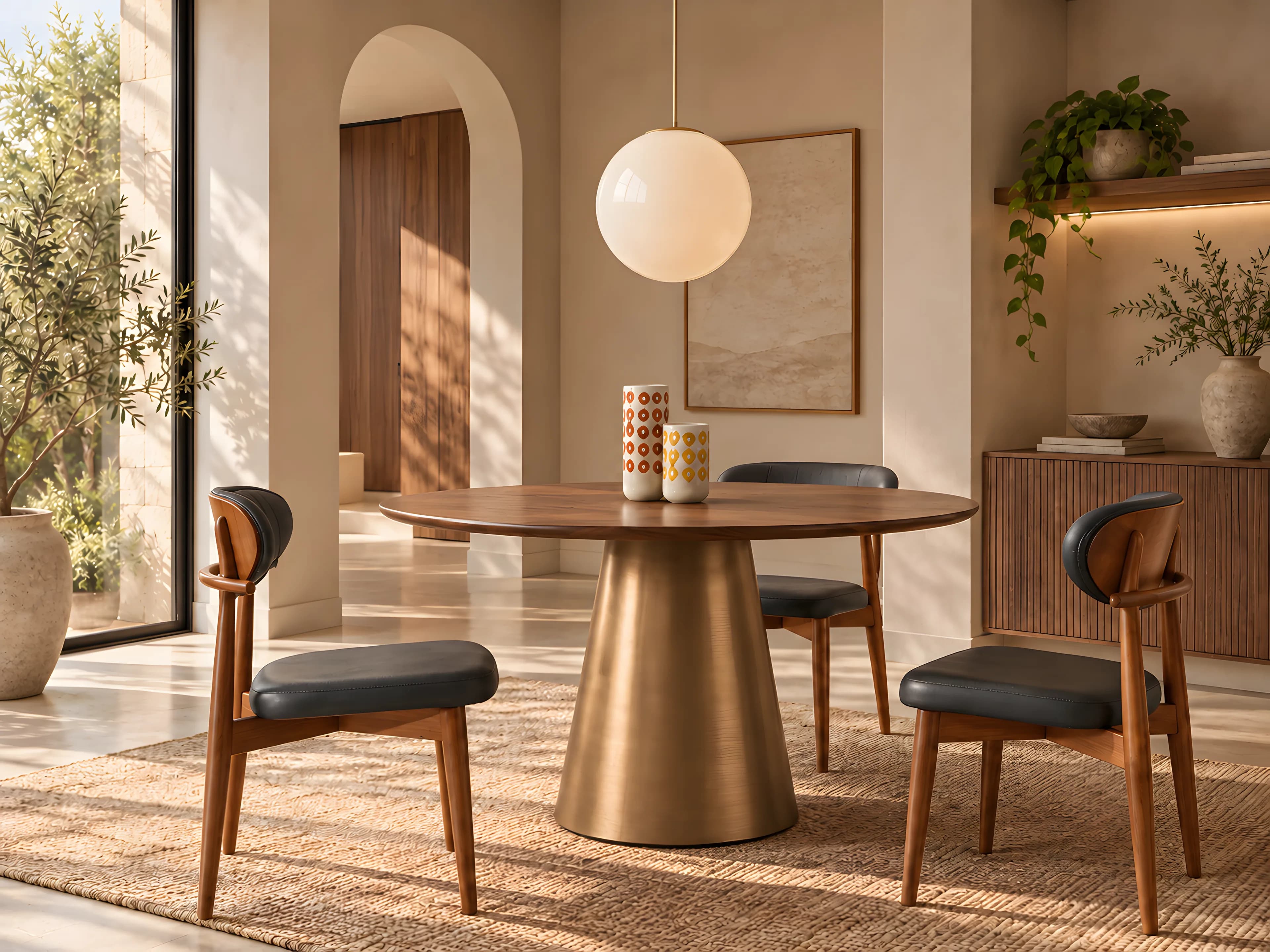 Round walnut dining table on a bronze cone base with three leather chairs in a sunlit Mediterranean dining room