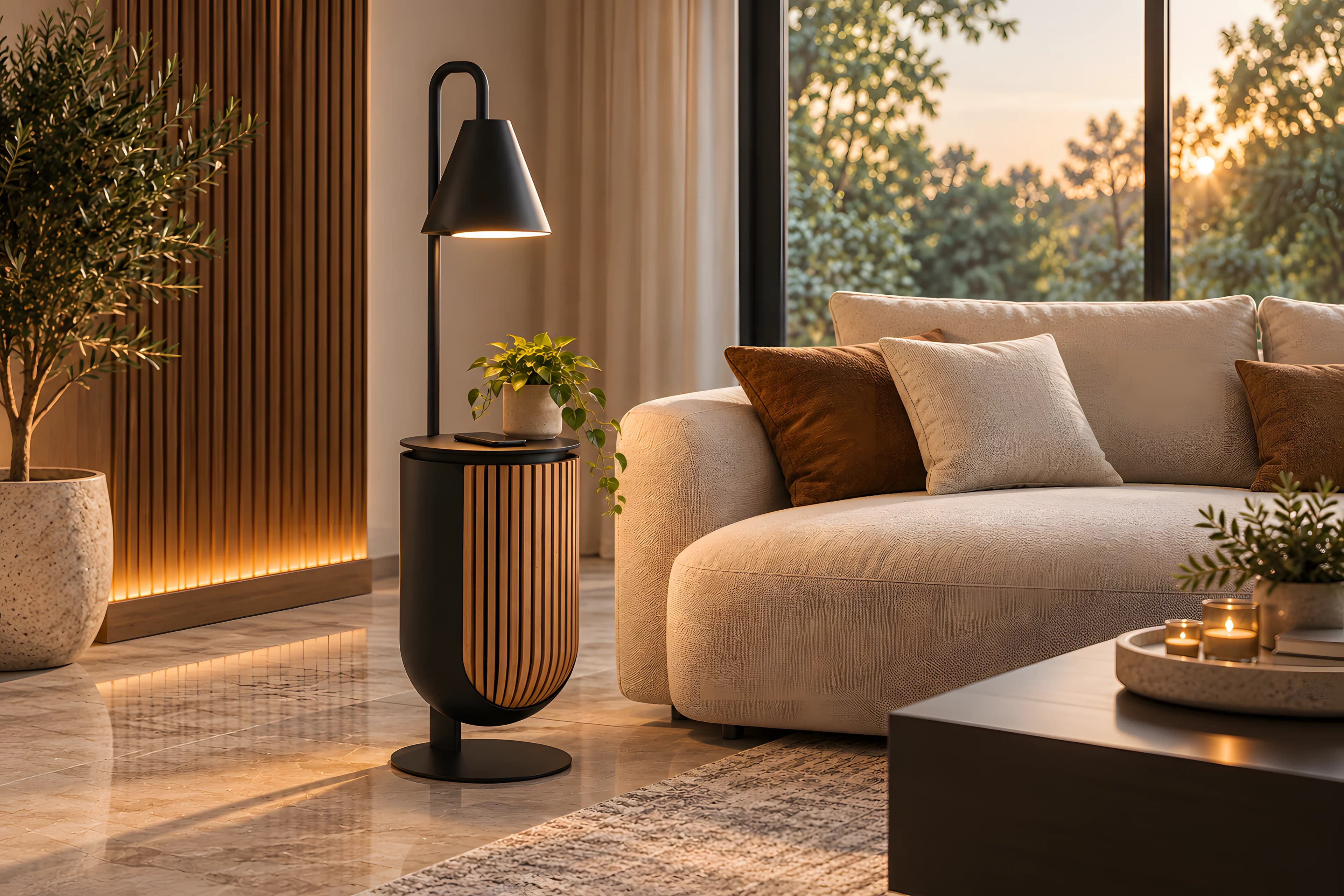Black floor lamp with slatted oak side table beside a cream sofa
