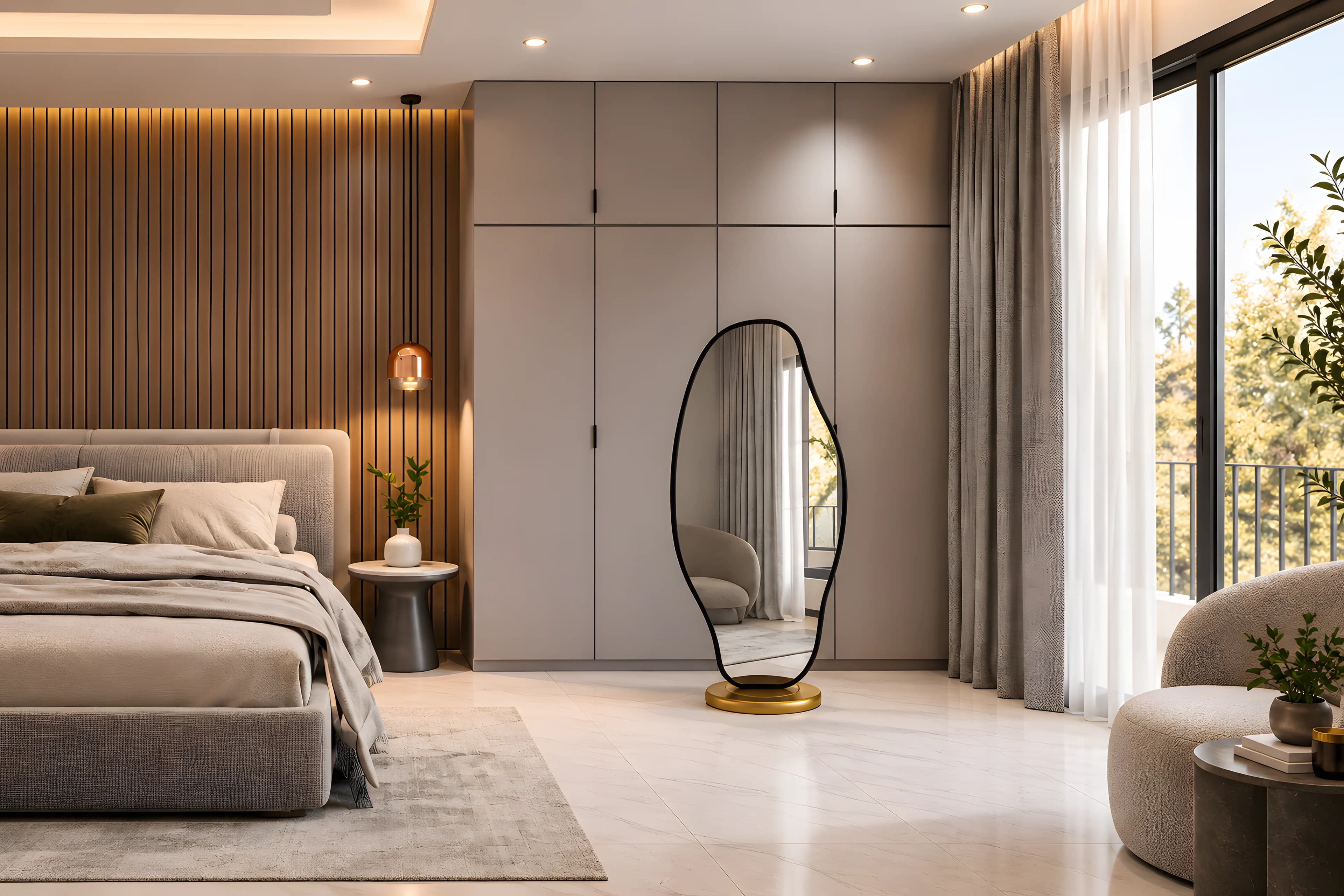 Organic black-framed floor mirror on a brass base beside wardrobes in a modern bedroom