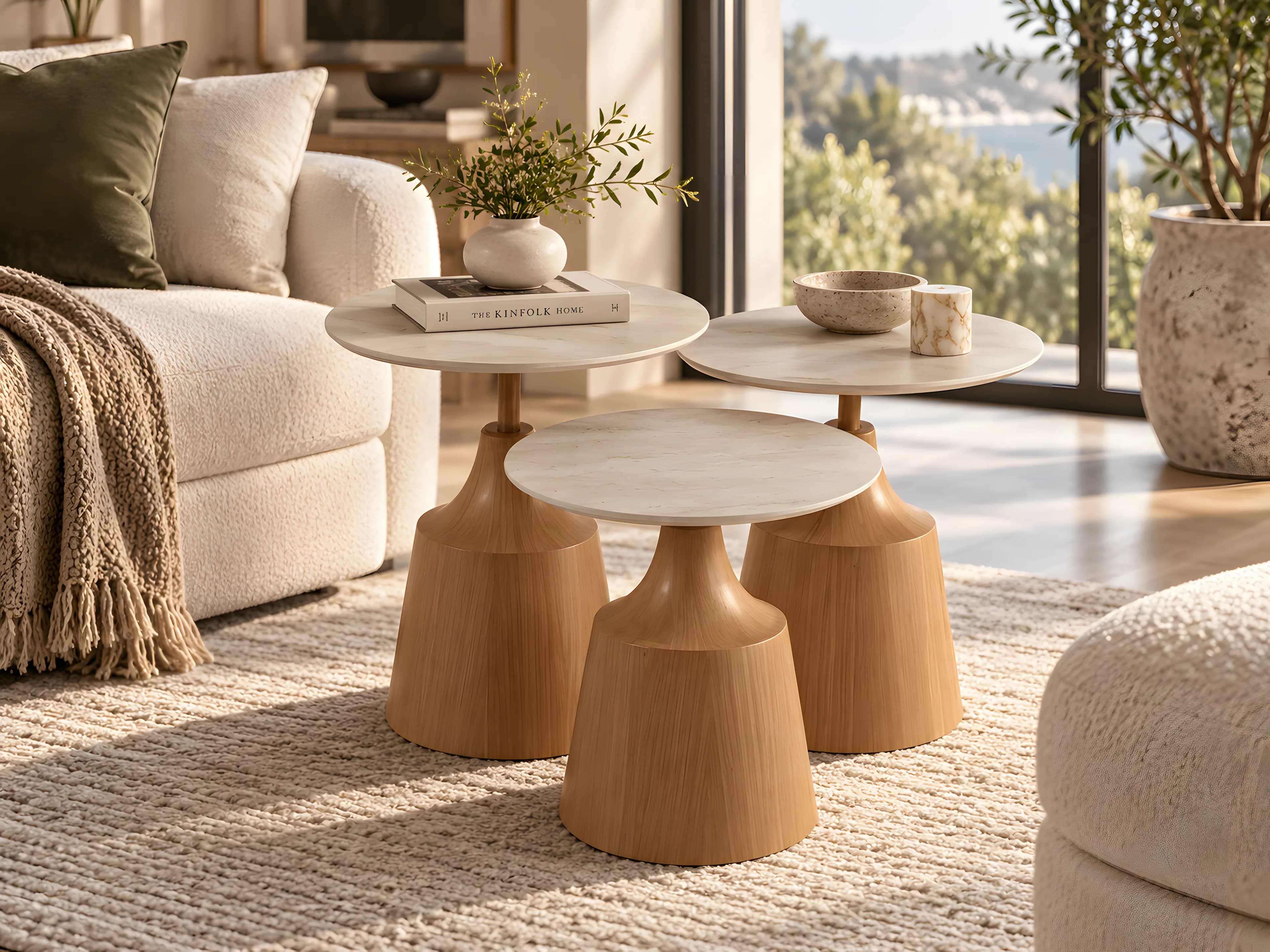 Three round nesting tables with marble-look tops on oak bases beside a cream sofa
