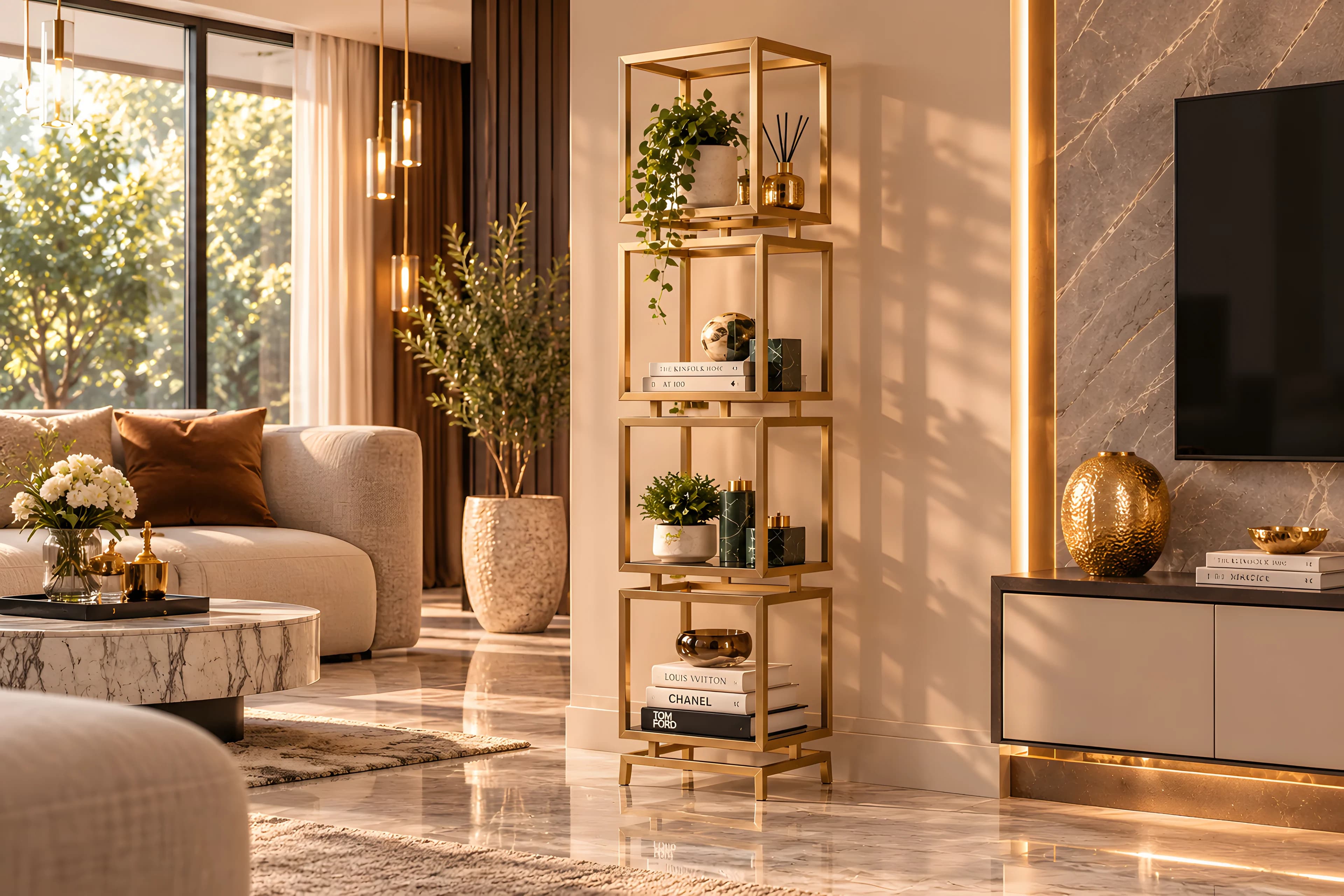 Tall brass cube shelving unit styled with books and plants in a living room
