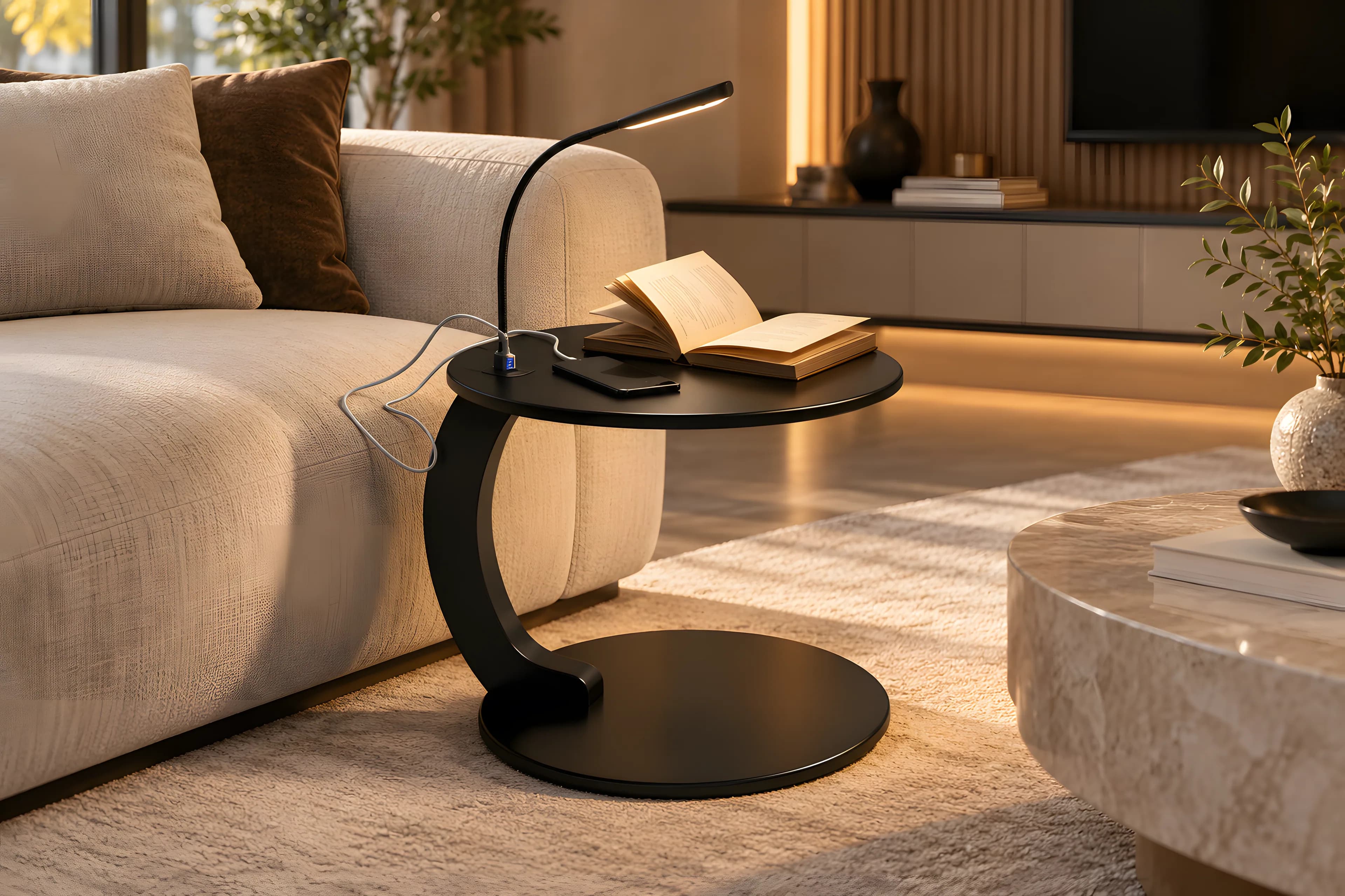 Black C-shaped side table with reading lamp and charger beside a cream sofa