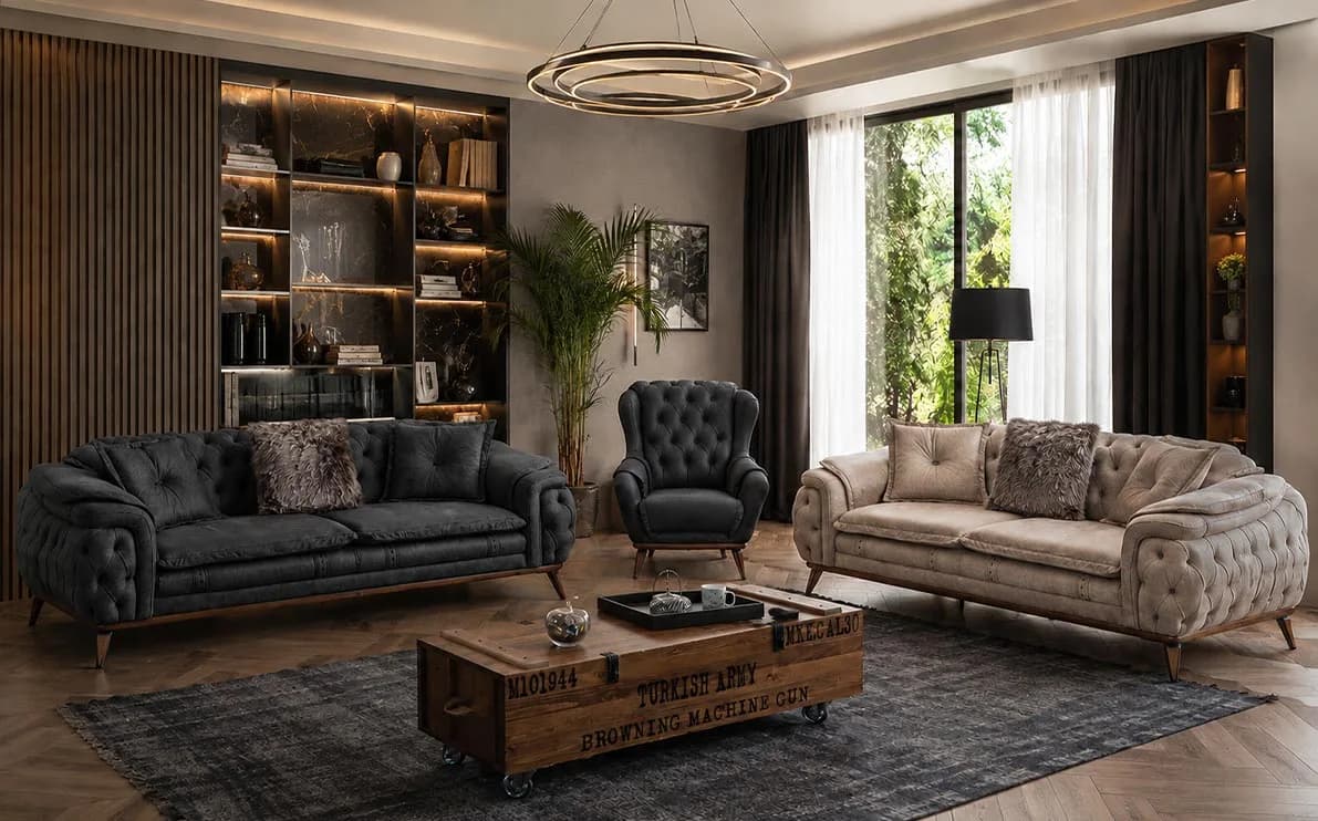 Dublin Sofa Set — a charcoal and a stone nubuck 3-seater with a charcoal armchair in a styled living room