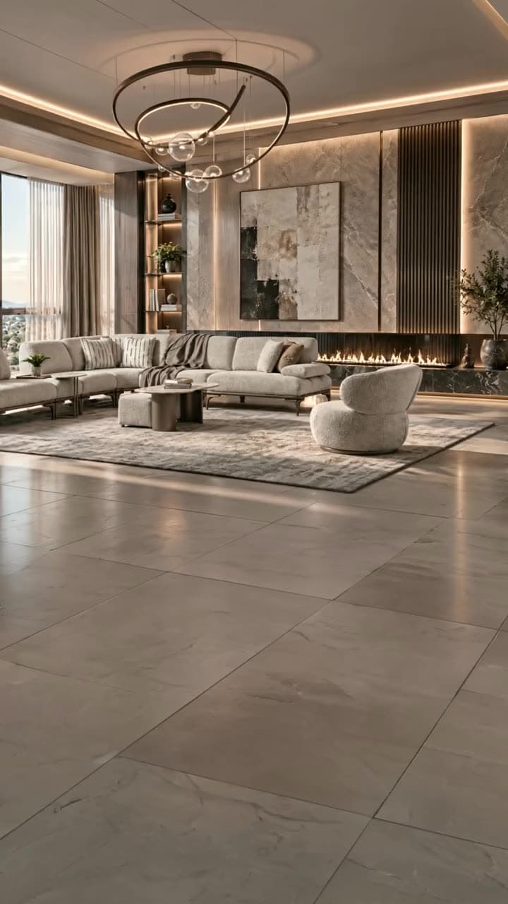 Bright modern living room with a stone-coloured corner sofa and round coffee table