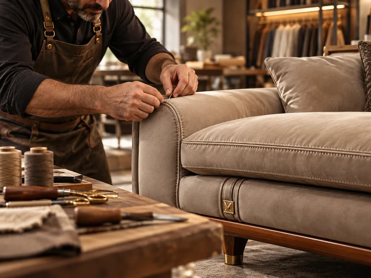 A craftsman hand-finishing the arm of an upholstered sofa