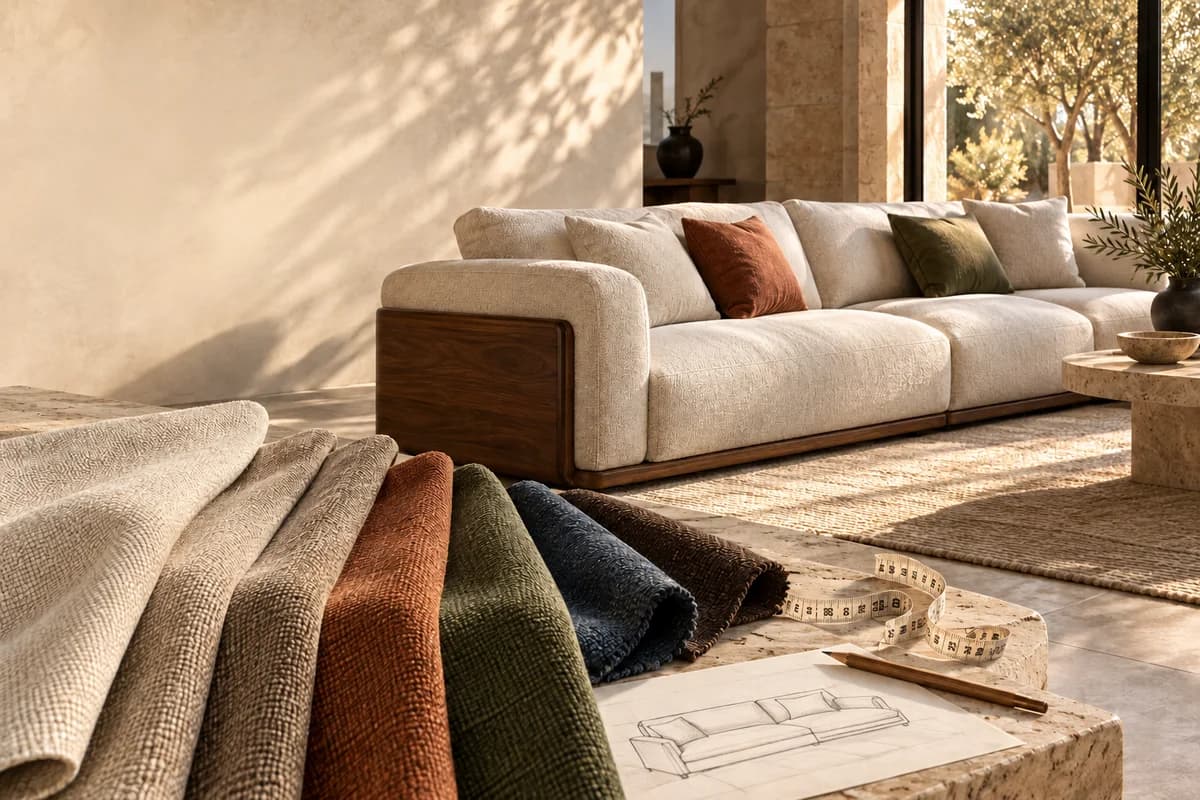 A designer sofa in a sunlit room, with fabric samples and a sofa sketch in front