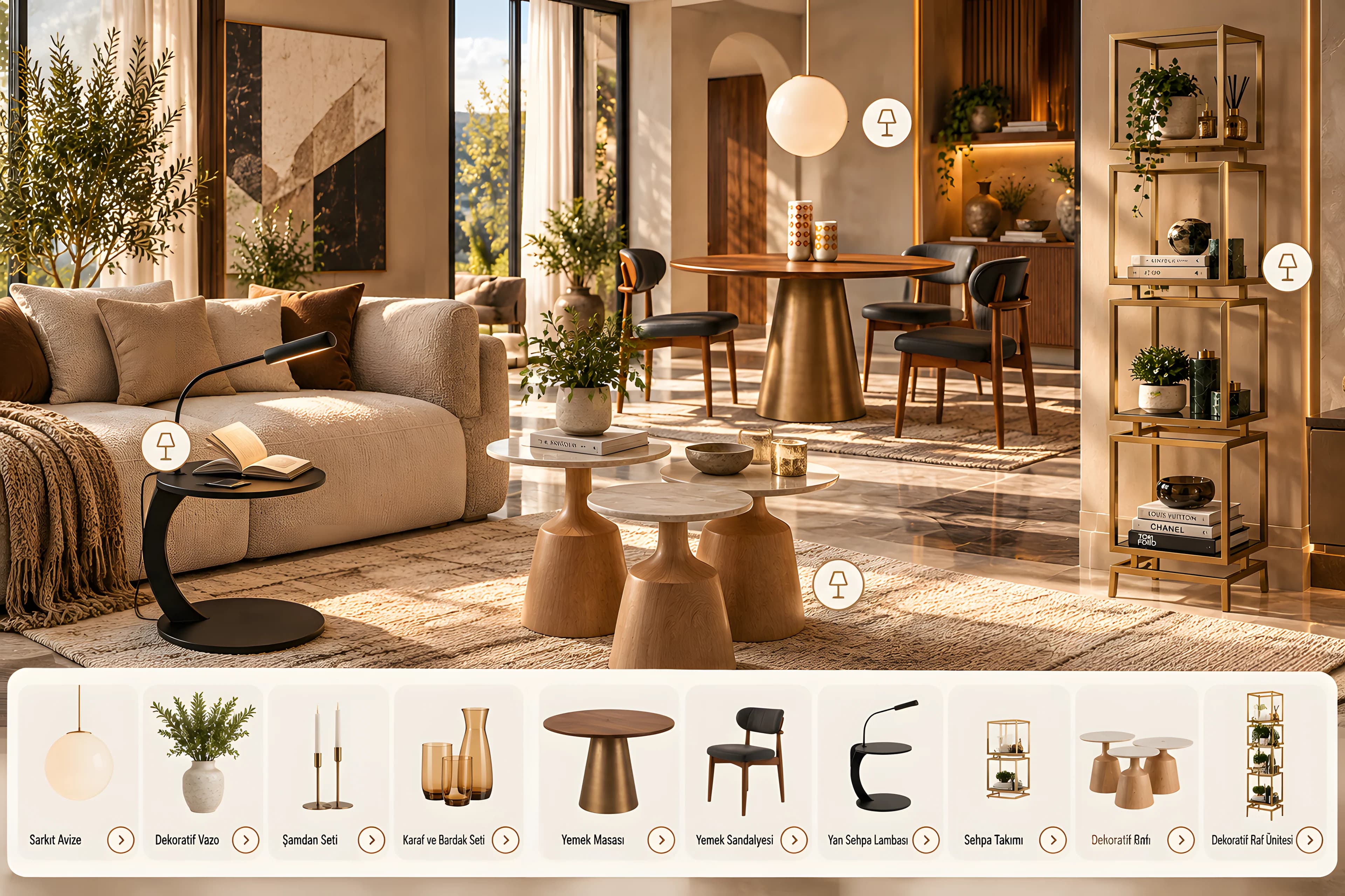 Warm living room with nesting tables, a C-shaped side table, a brass shelving unit and a round dining table