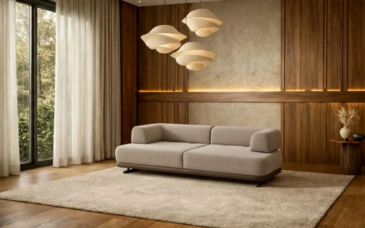 Mass Duru 3-seater sofa in greige textured fabric, shown without cushions