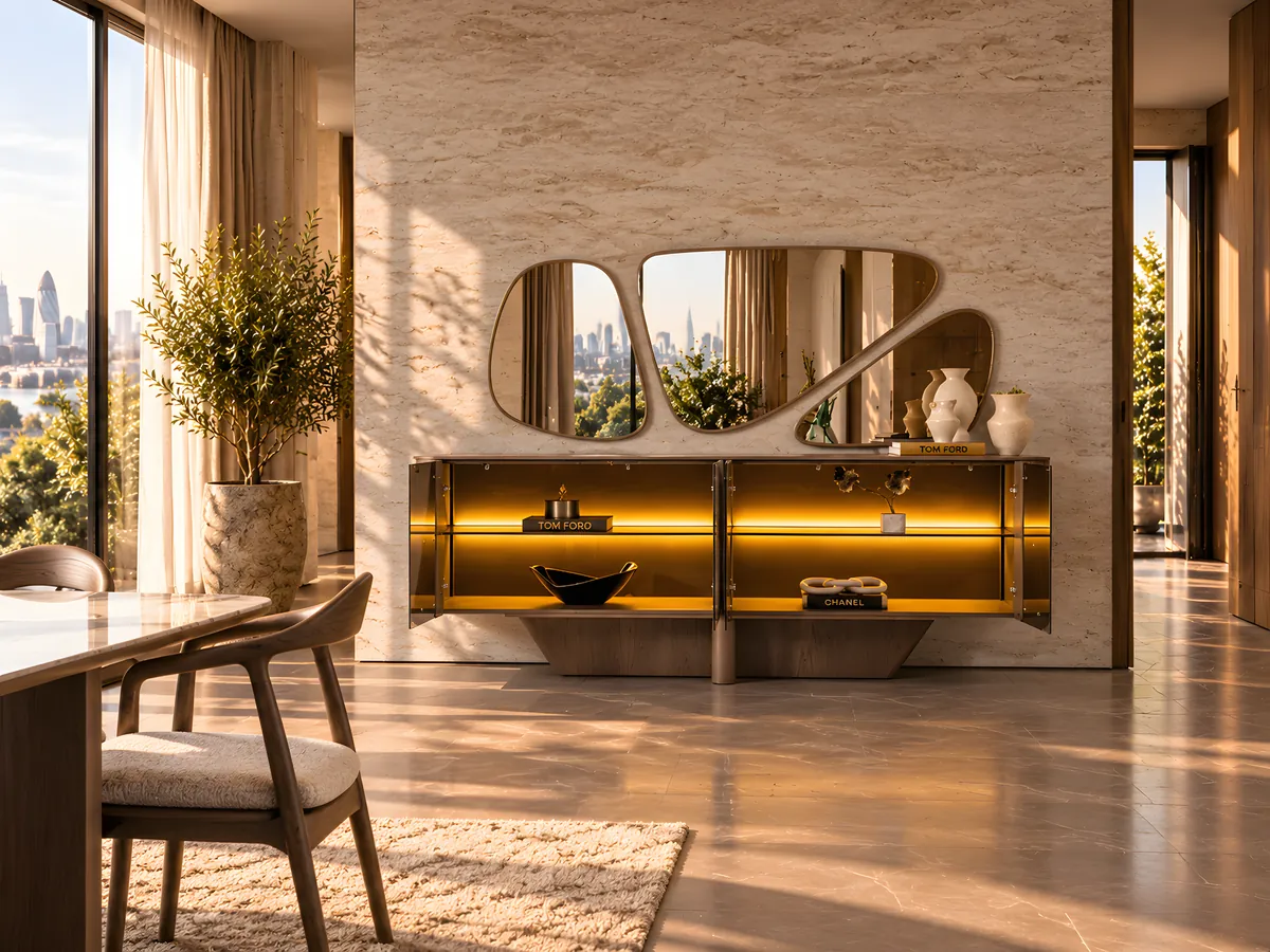 Rio Ada console with its doors open, lit shelves inside, below the three-piece organic mirror