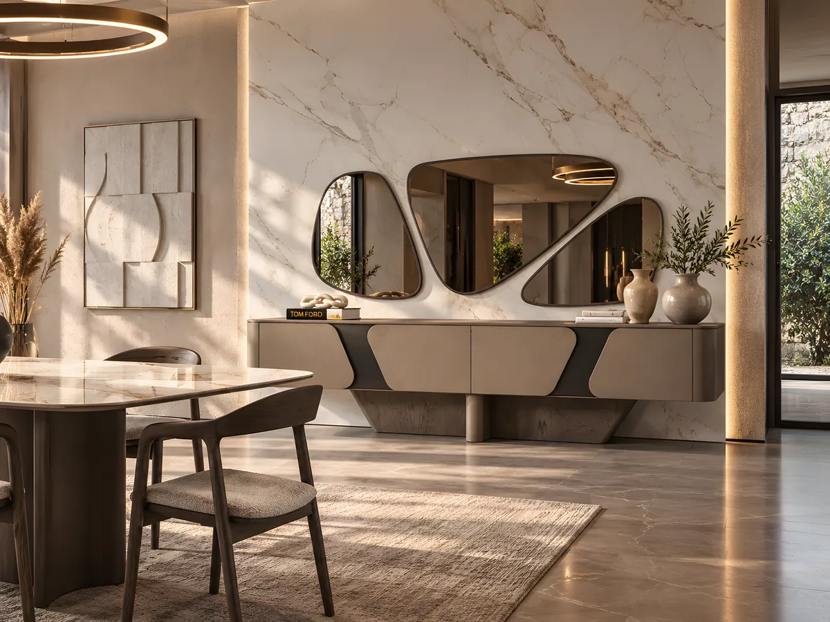 Rio Ada TV unit in wood-grain with sculpted doors below the three-piece mirror on a marble wall