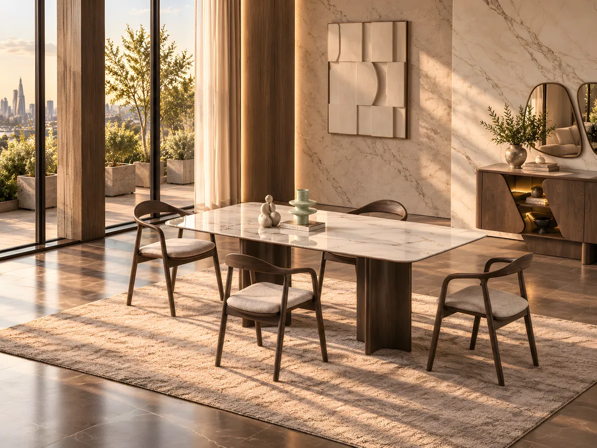 Rio Ada marble-effect dining table with four curved wooden chairs on a rug in a sunlit room