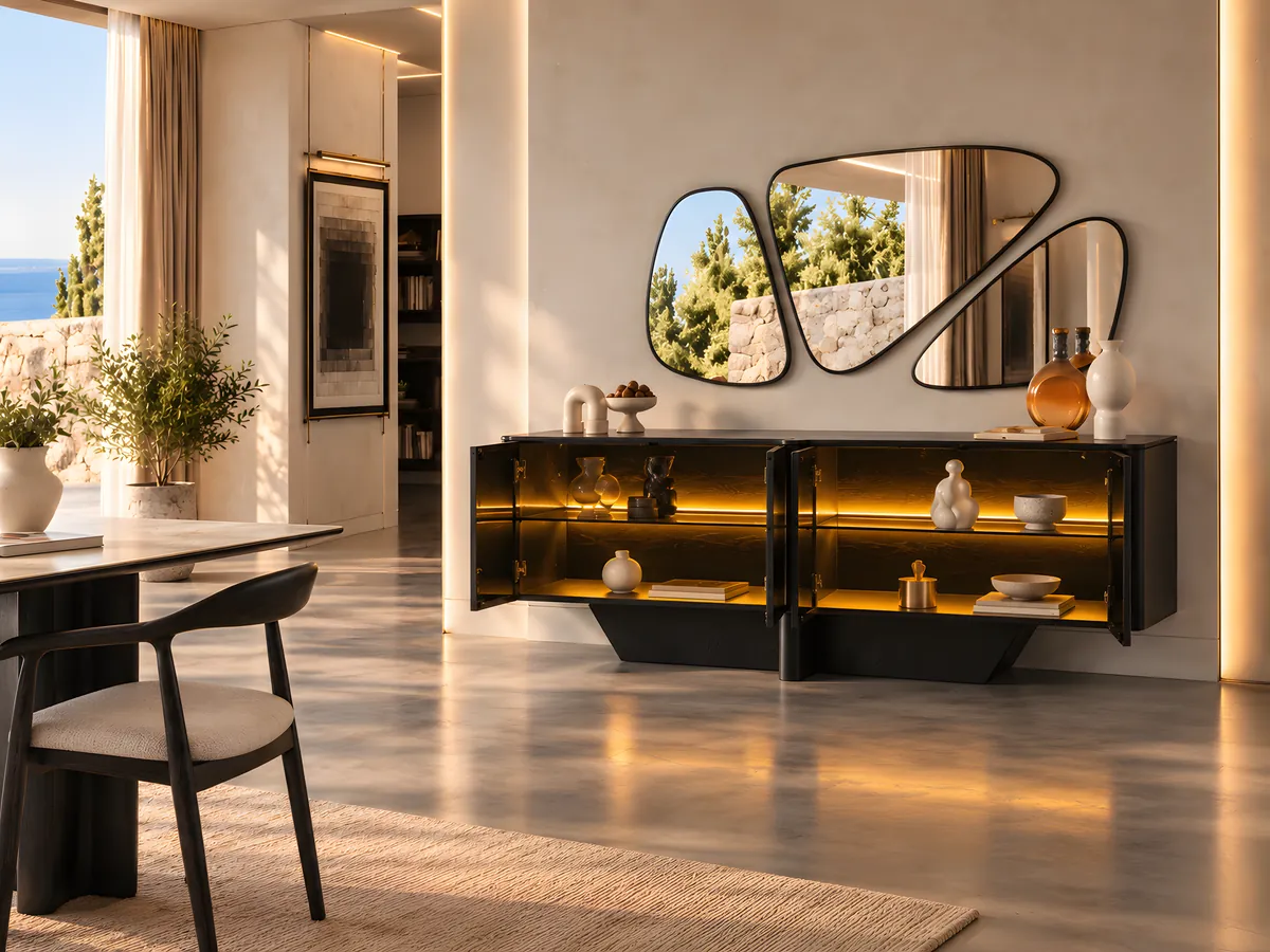 Rio Venge console with its doors open and lit shelves inside, in wenge black