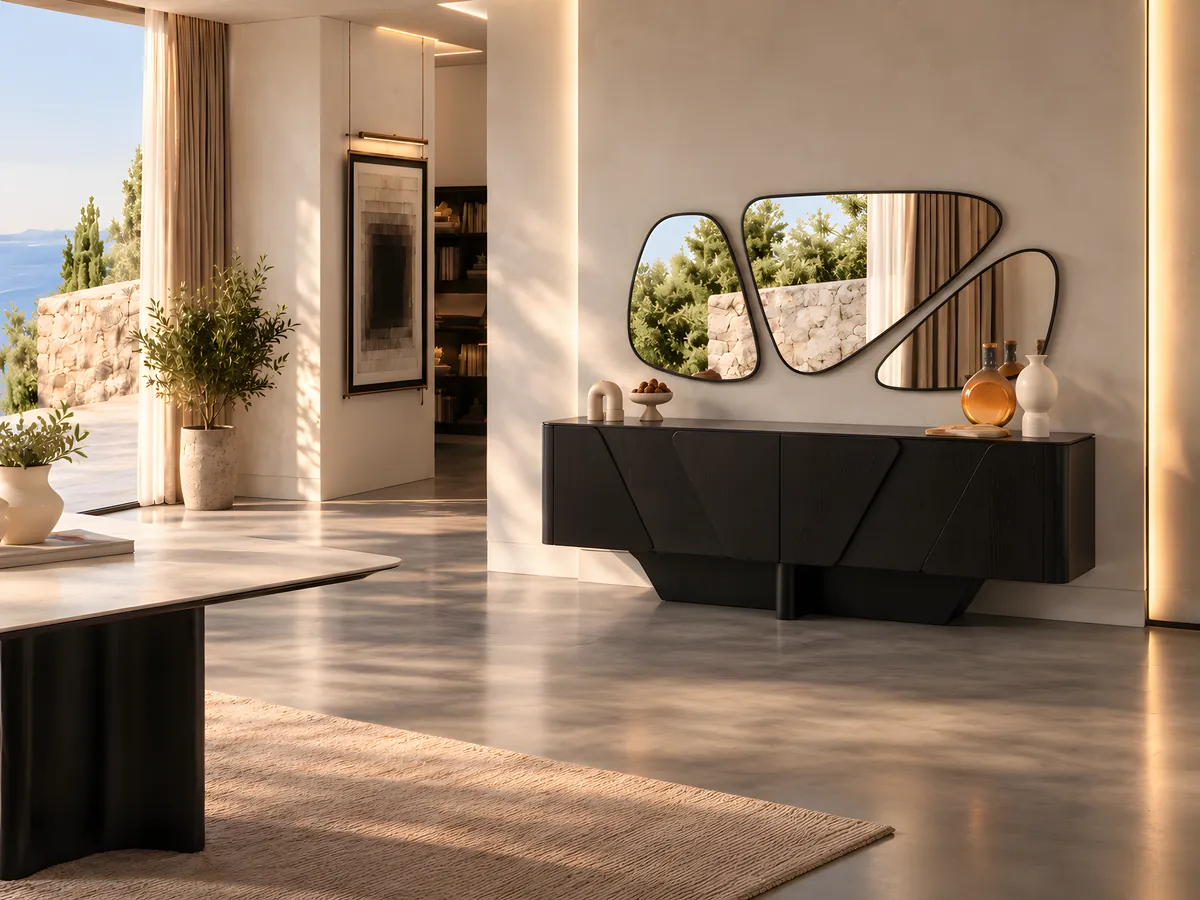 Rio Venge console in wenge black with sculpted doors, below the three-piece organic mirror
