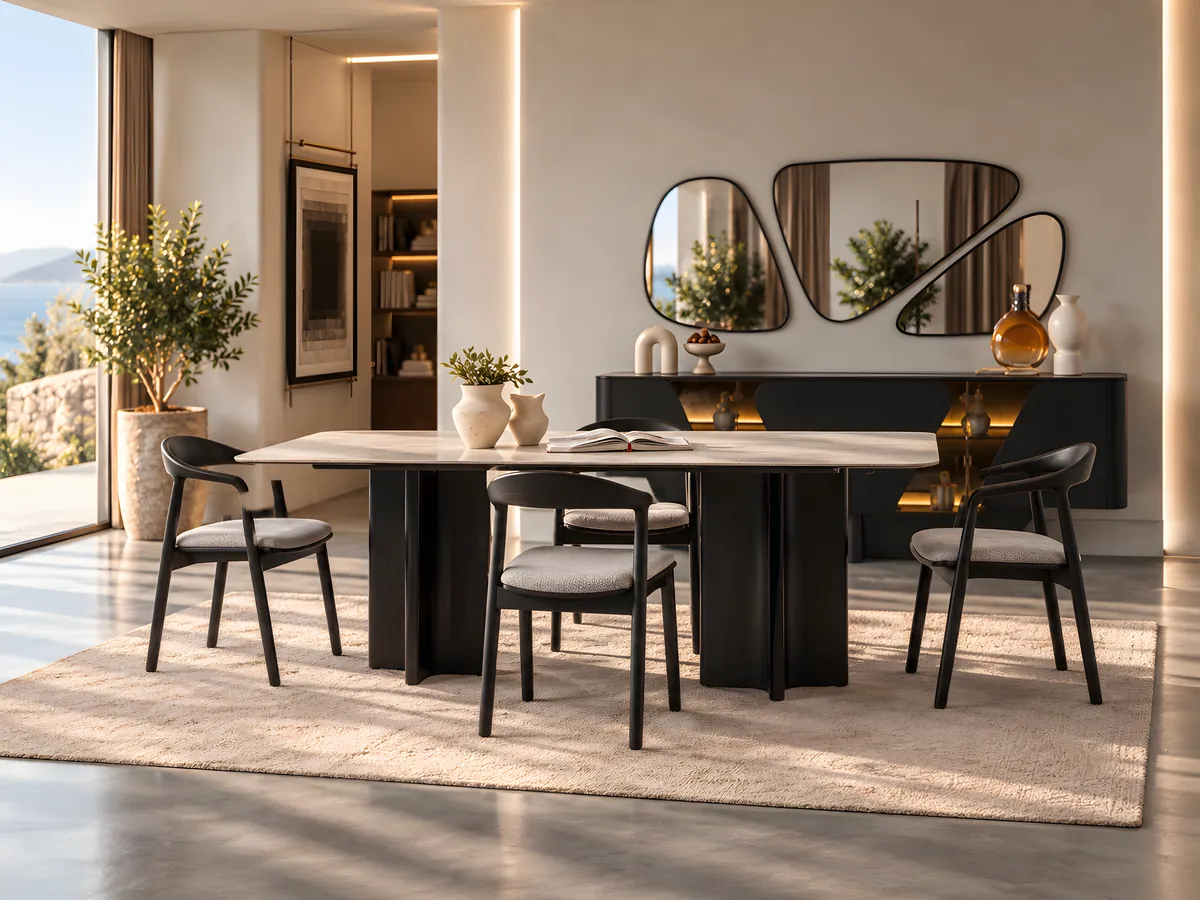 Rio Venge Dining Room Set — wenge black table with a light marble-effect top, four curved chairs, console and three-piece mirror