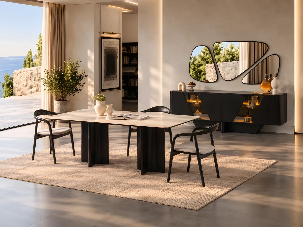 Rio Venge wenge black dining table and curved chairs on a rug, with the console and mirror behind