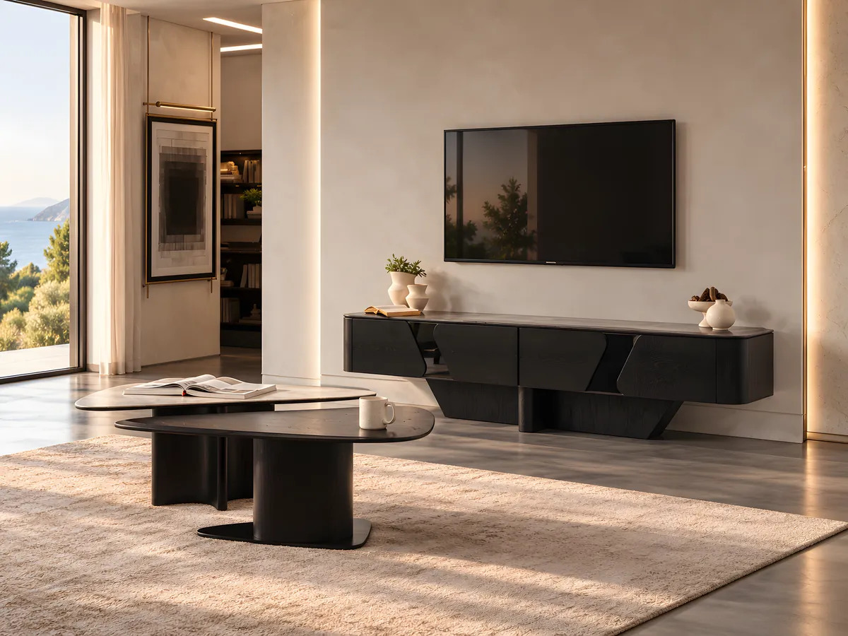Rio Venge TV unit in wenge black with sculpted doors, below a wall-mounted TV