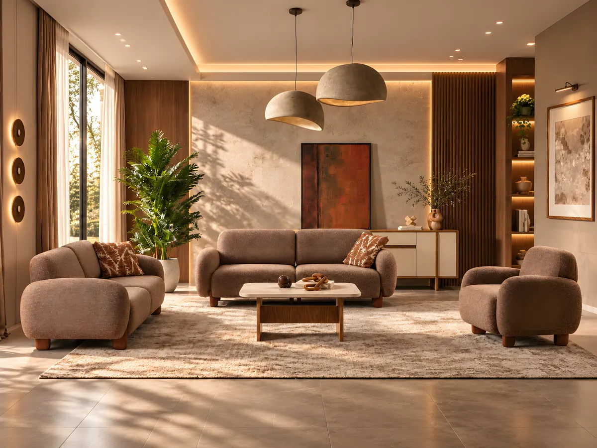 Vizyon Sofa Set — a 3-seater, a 2-seater and an armchair in brown linen around a coffee table