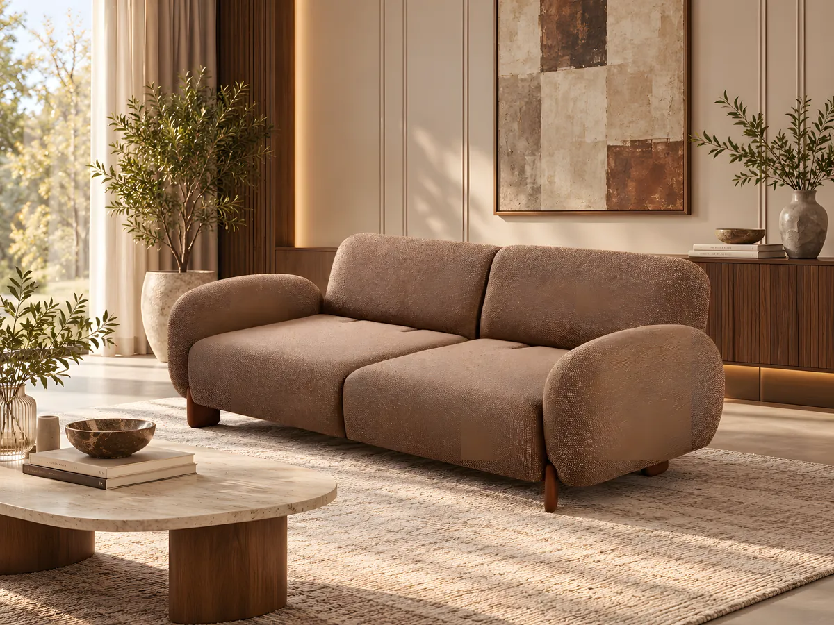 Vizyon 3-seater sofa in warm brown linen with rounded arms and wooden legs in a sunlit living room