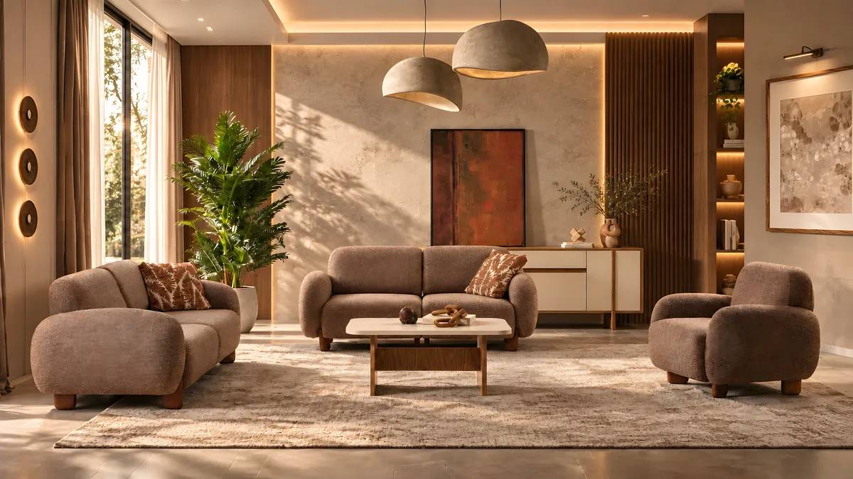 Vizyon 2-seater sofa between a 3-seater and an armchair in a warm, sunlit living room