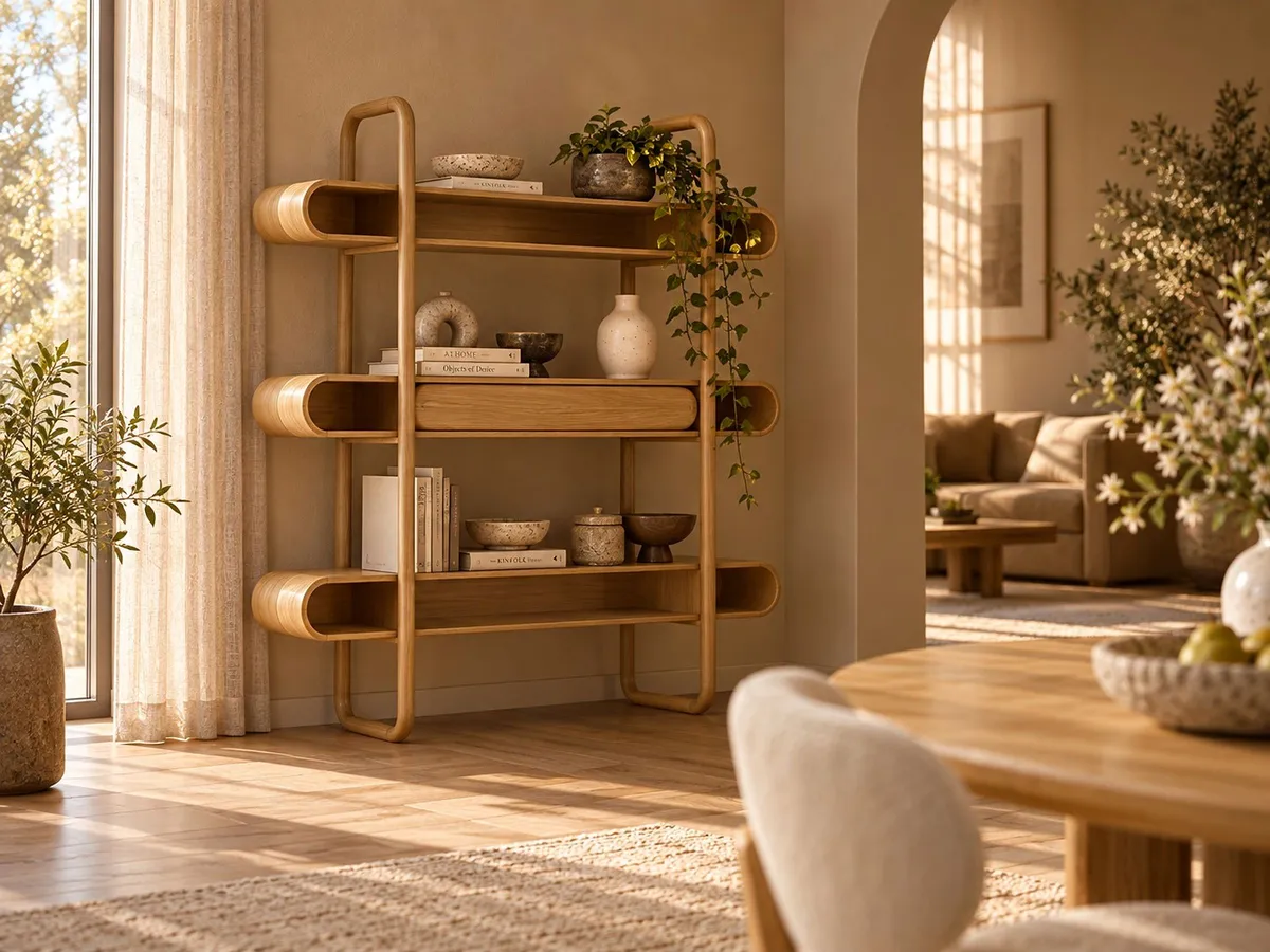 PALERMO DINING ROOM SET in a warm living-dining room, showing a light oak shelving unit