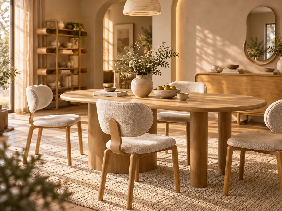 PALERMO DINING ROOM SET, light wood oval table with cream upholstered chairs in a warm sunlit room