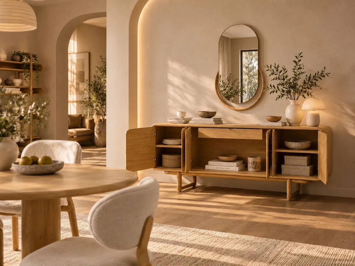 PALERMO DINING ROOM SET wooden sideboard with open doors and shelves in a warm beige dining room