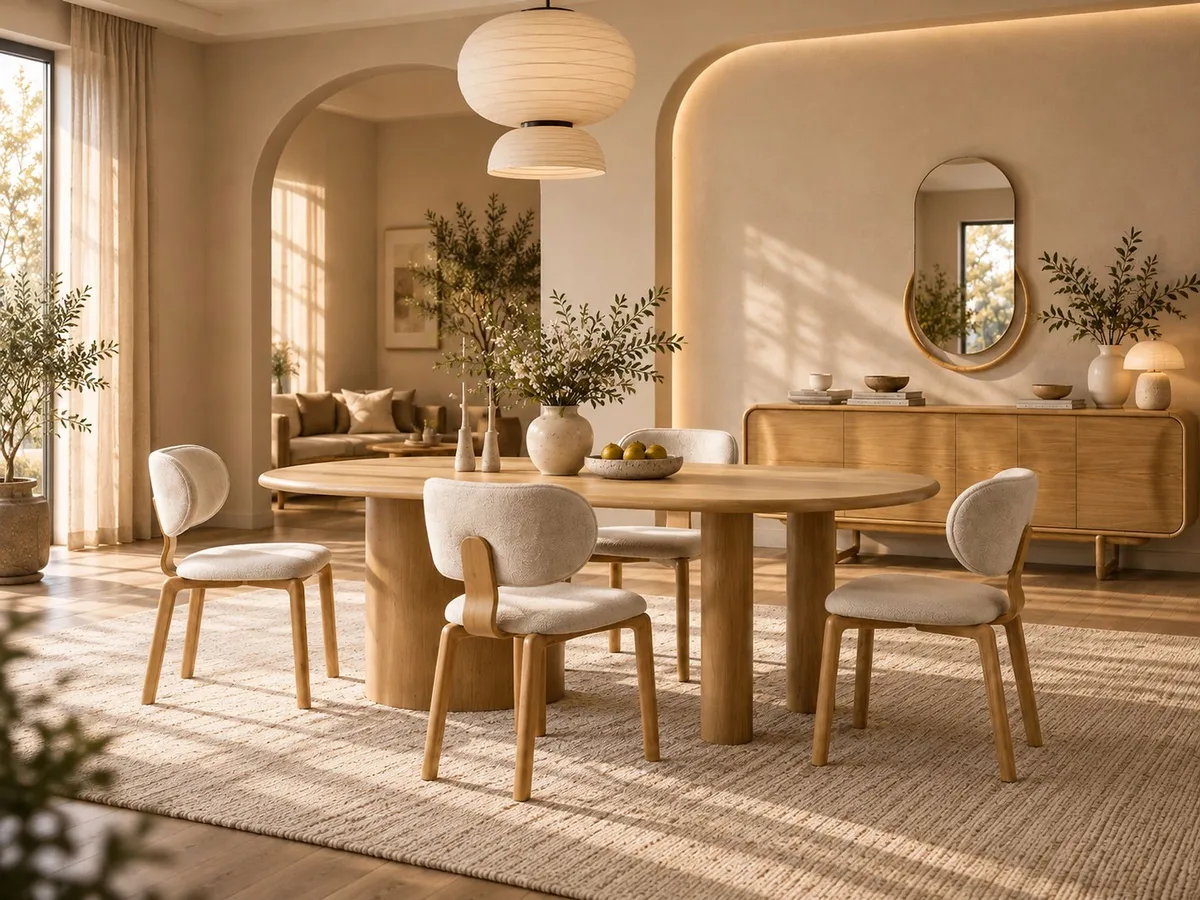 PALERMO DINING ROOM SET: light wood dining table with four cream chairs in a warm beige room