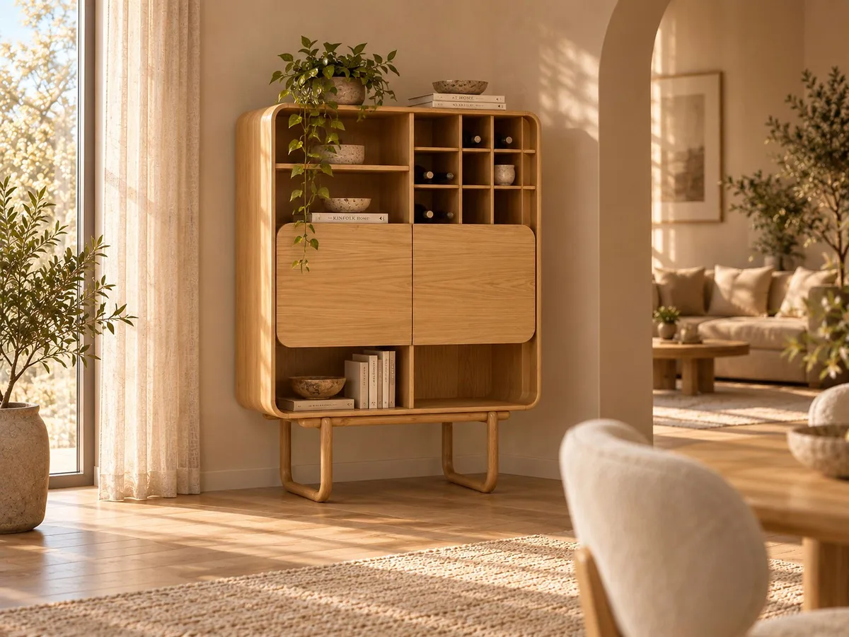 PALERMO DINING ROOM SET in light wood, shown as a cabinet with open shelves in a warm dining room.