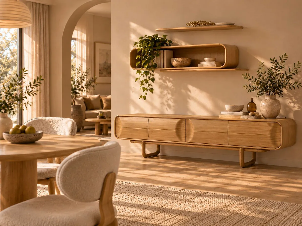 PALERMO DINING ROOM SET in light oak finish, with round table and cream chairs in a warm sunlit room