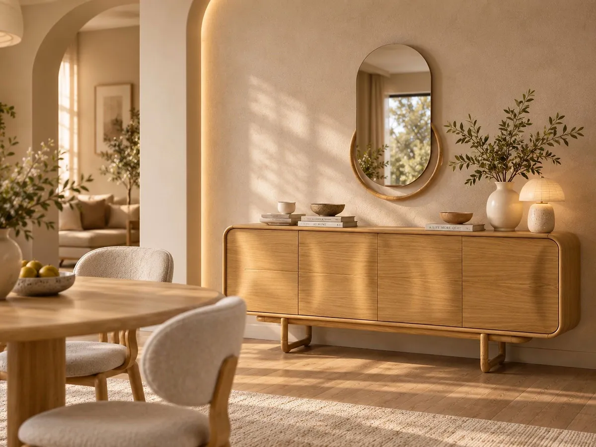 PALERMO DINING ROOM SET wooden sideboard with round table and upholstered chairs in a warm beige room