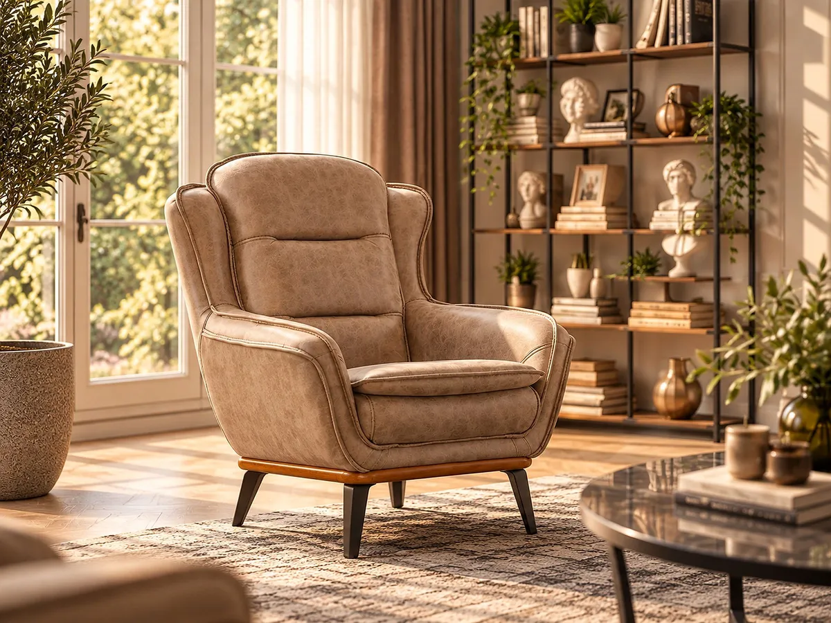 MUSTANG SOFA SET armchair in beige fabric, shown in a sunlit living room with shelving.