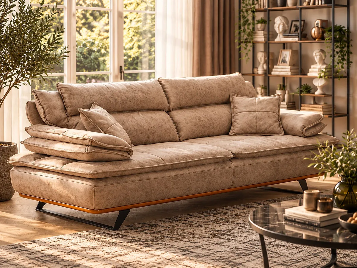 MUSTANG SOFA SET shows a beige-brown upholstered sofa with chaise-style cushions in a sunlit living room.