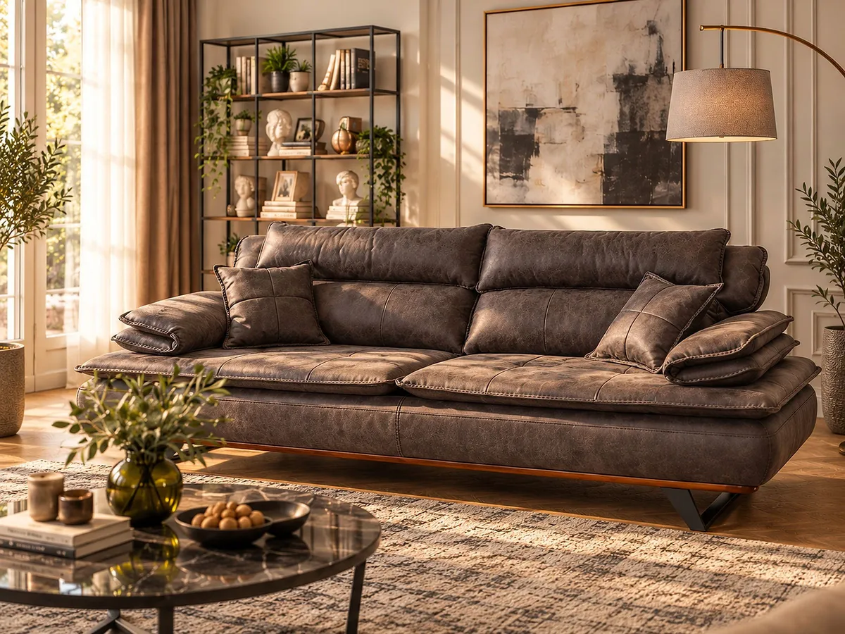 MUSTANG SOFA SET dark brown fabric sofa in a warm living room with shelves and wall art