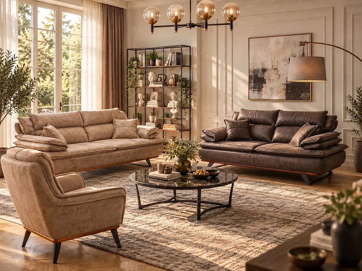 MUSTANG SOFA SET with armchair, three-seater sofas in beige and dark brown fabric in a warm living room