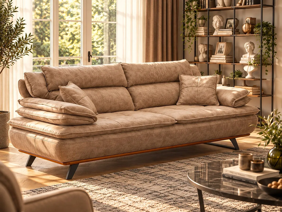 MUSTANG SOFA SET beige fabric sofa in a bright living room, with cushions and shelving.