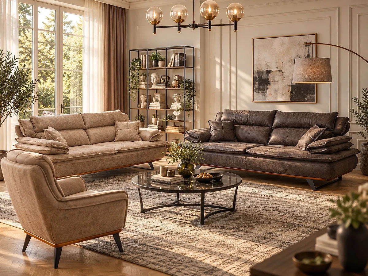 MUSTANG SOFA SET: beige and dark brown sofas with armchair in a sunlit living room
