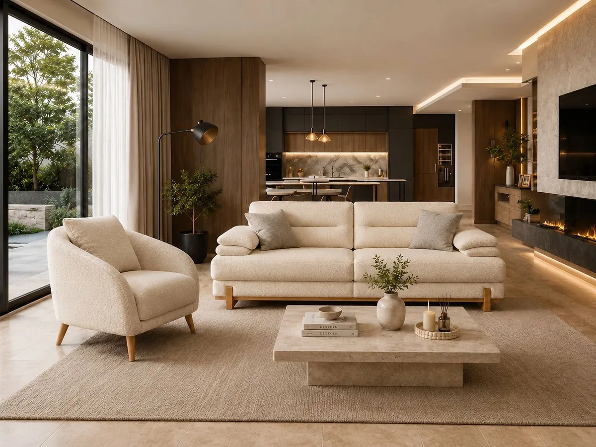 Detail of the SIMENA seating showing the tufted backrest, cushioned seat and velvet-effect finish.