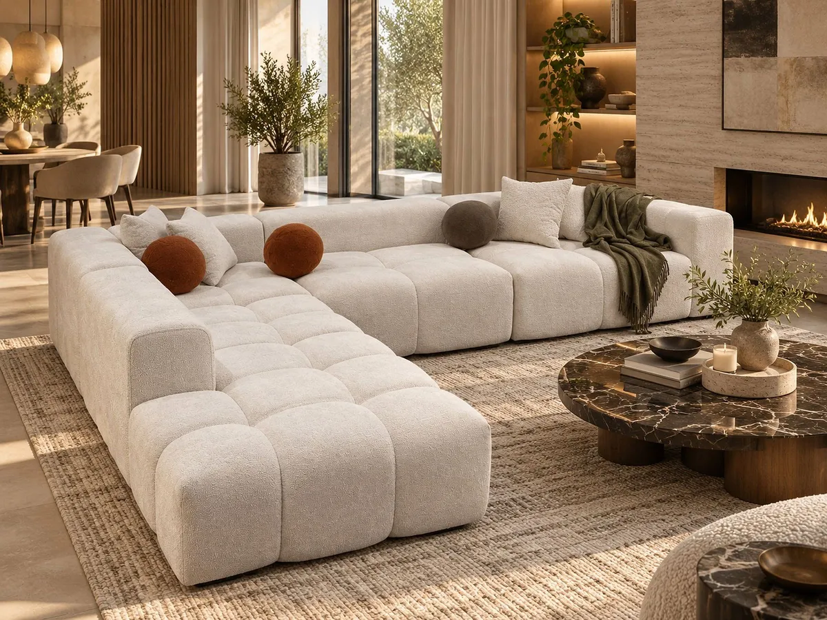 London Sofa Set light beige textured corner sofa in a modern living room with fireplace