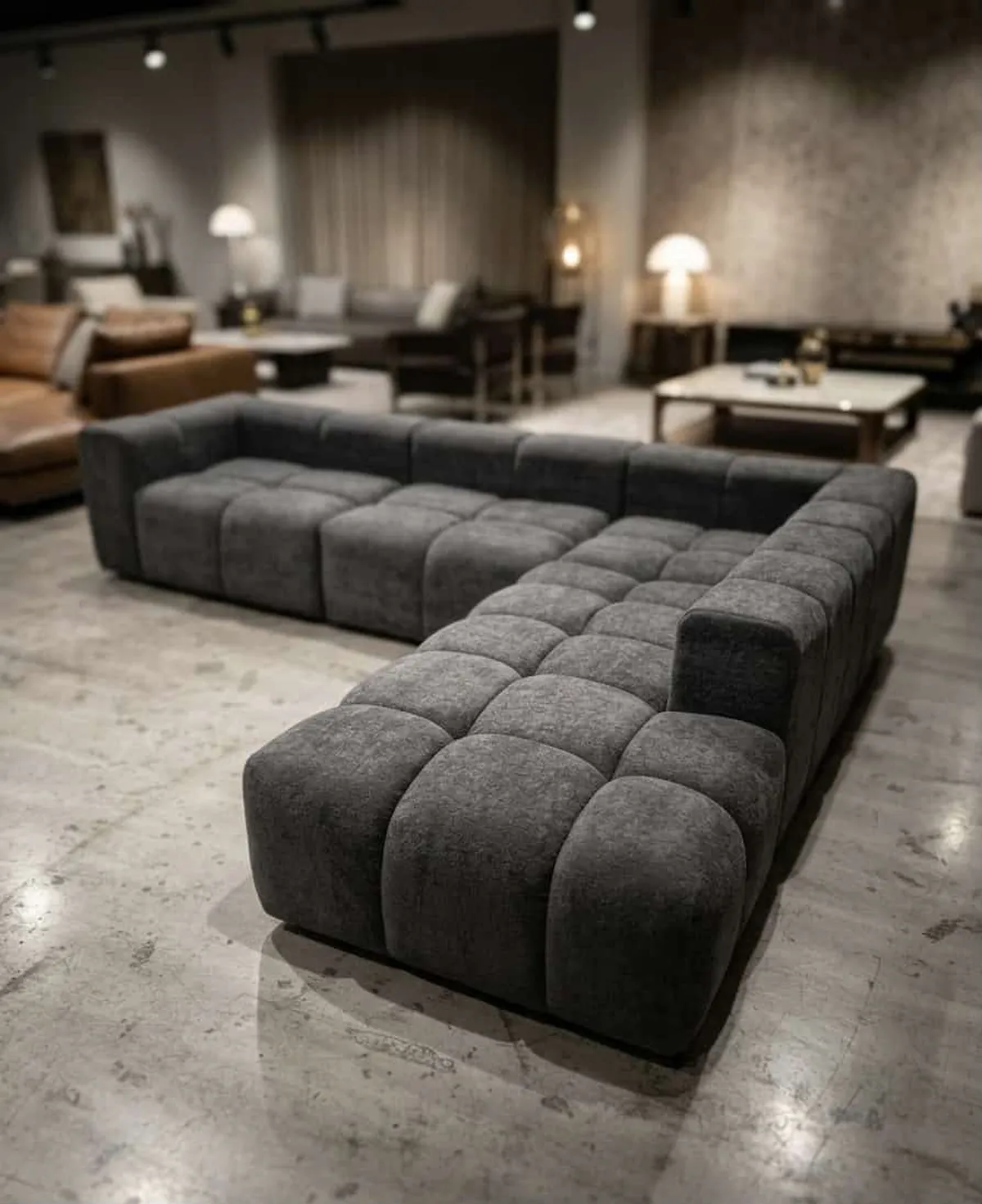 London Sofa Set corner sofa in dark grey textured fabric, shown in a showroom