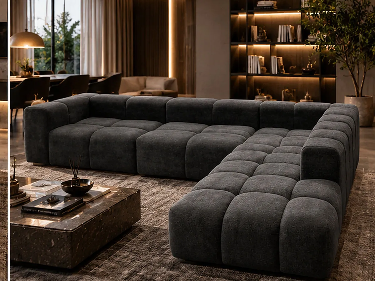 London Sofa Set in dark charcoal velvet, shown as a corner layout in a warm living room