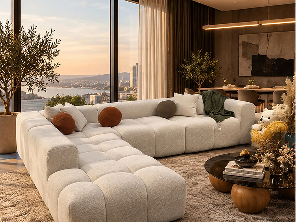 London Sofa Set cream boucle corner sofa with ottoman in a modern living room