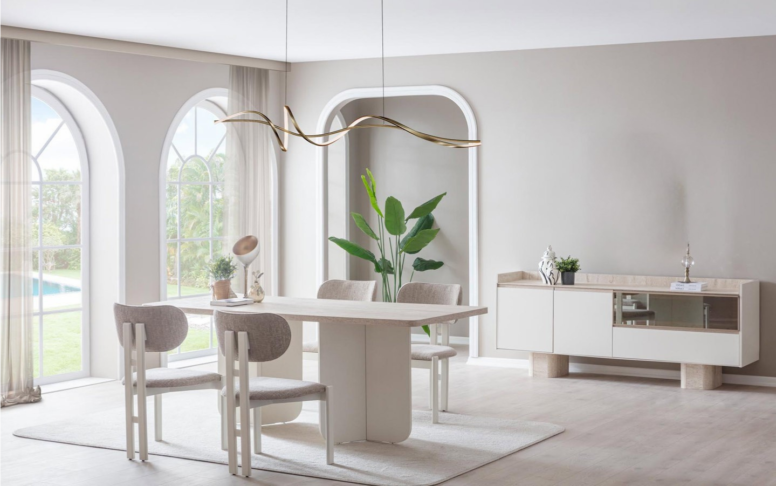 Modern çizgilerle tasarlanan yemek odası takımı, konsol ve masa detaylarıyla evinize prestij kazandırır.