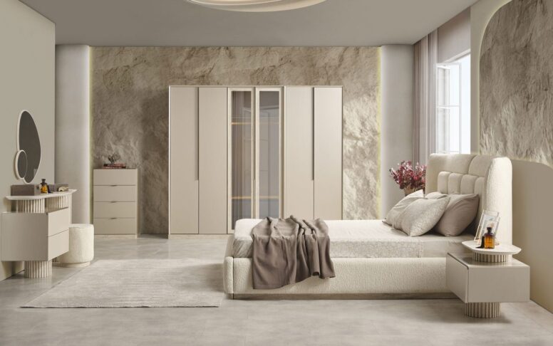 Modern çizgilere sahip yatak odası modeli, işlevsel depolama çözümleri ile öne çıkar. Ankara’daki 5 şubemizden ücretsiz teslimat avantajı sunuyoruz.