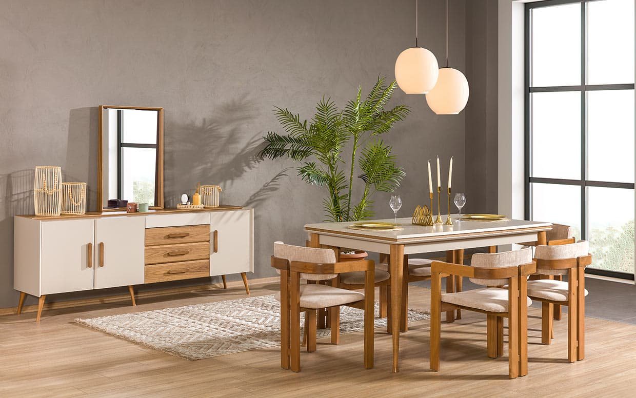 Masası fonksiyonel, sandalyeleri konforlu, konsolu şık! Modern yemek odası takımıyla fark yaratın.