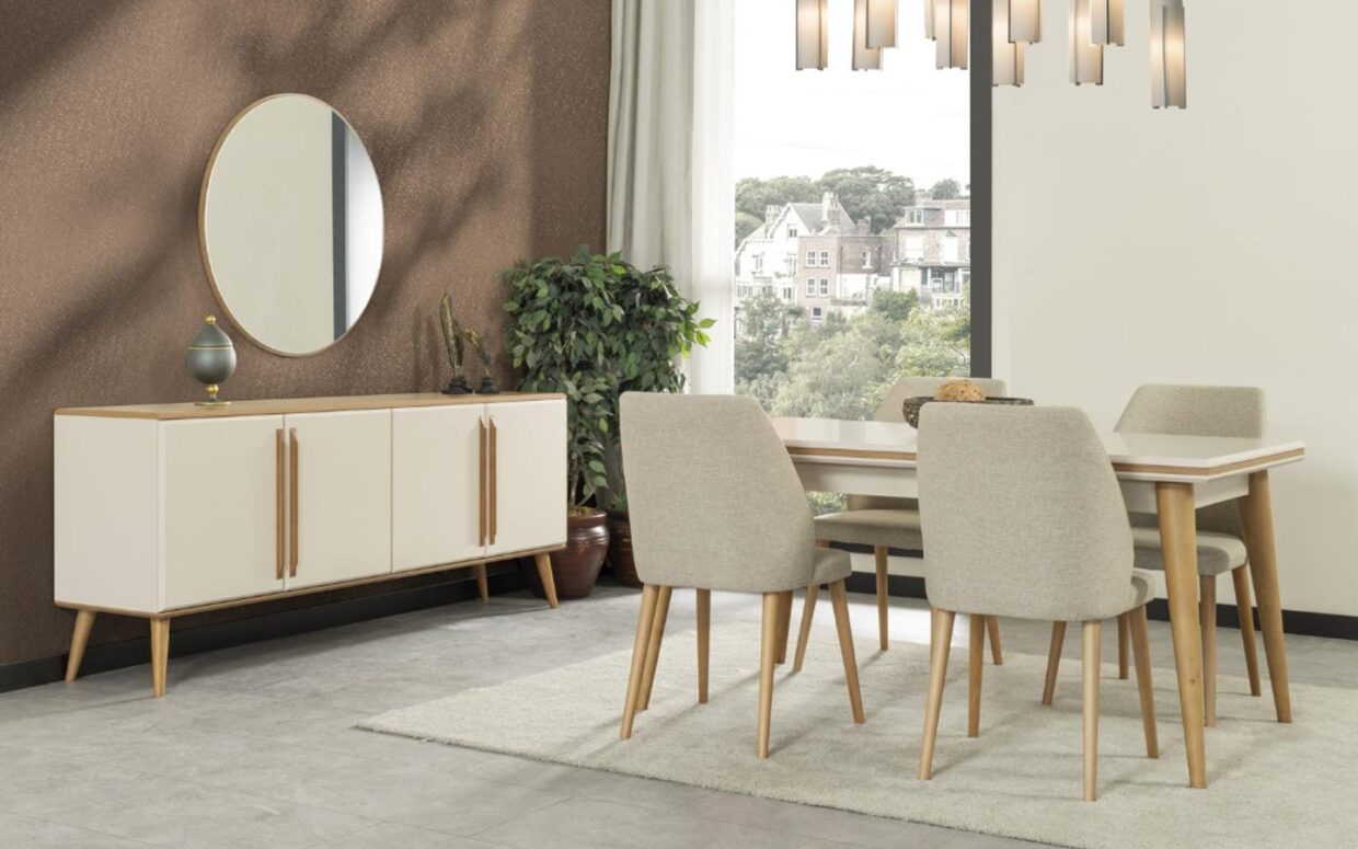 Şık tasarımıyla dikkat çeken yemek odası takımı, konsol ve açılır masasıyla işlevselliği bir araya getirir. Avrupa standartlarında uzun ömürlü kullanım sunar.