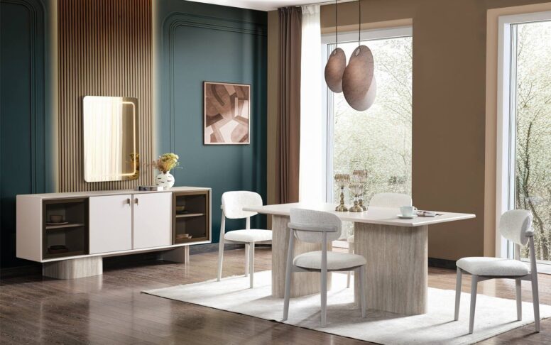 Modern şıklığın simgesi! Masa, konsol ve sandalyeleriyle tamamlanan yemek odası takımı.