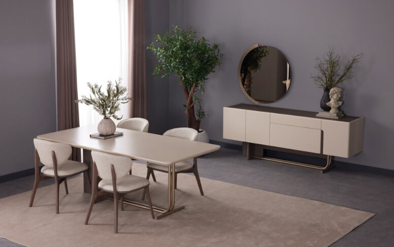 Zarif çizgilere sahip masa, geniş konsol ve konforlu sandalyeleriyle modern yemek odası takımı fark yaratıyor.