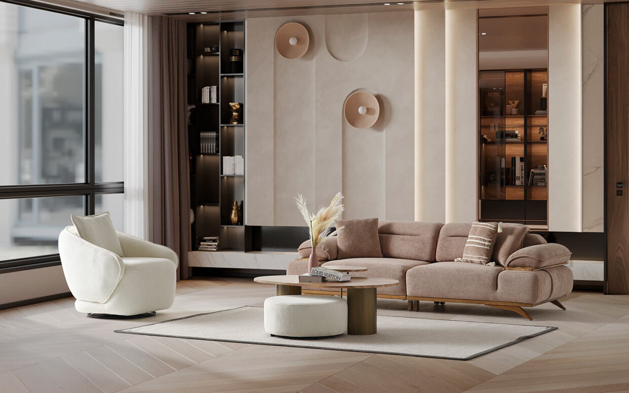 Şık detaylarıyla dikkat çeken gürgen iskeletli koltuk takımı, 1 üçlü koltuk ve 1 berjerden oluşur.