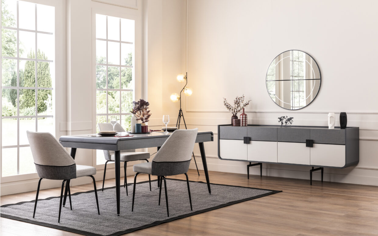 odern çizgilerle tasarlanan bu yemek odası takımı, 4-6 kişilik yapısıyla konforu ve şıklığı bir araya getirir. Her detayda kaliteyi hissedin.